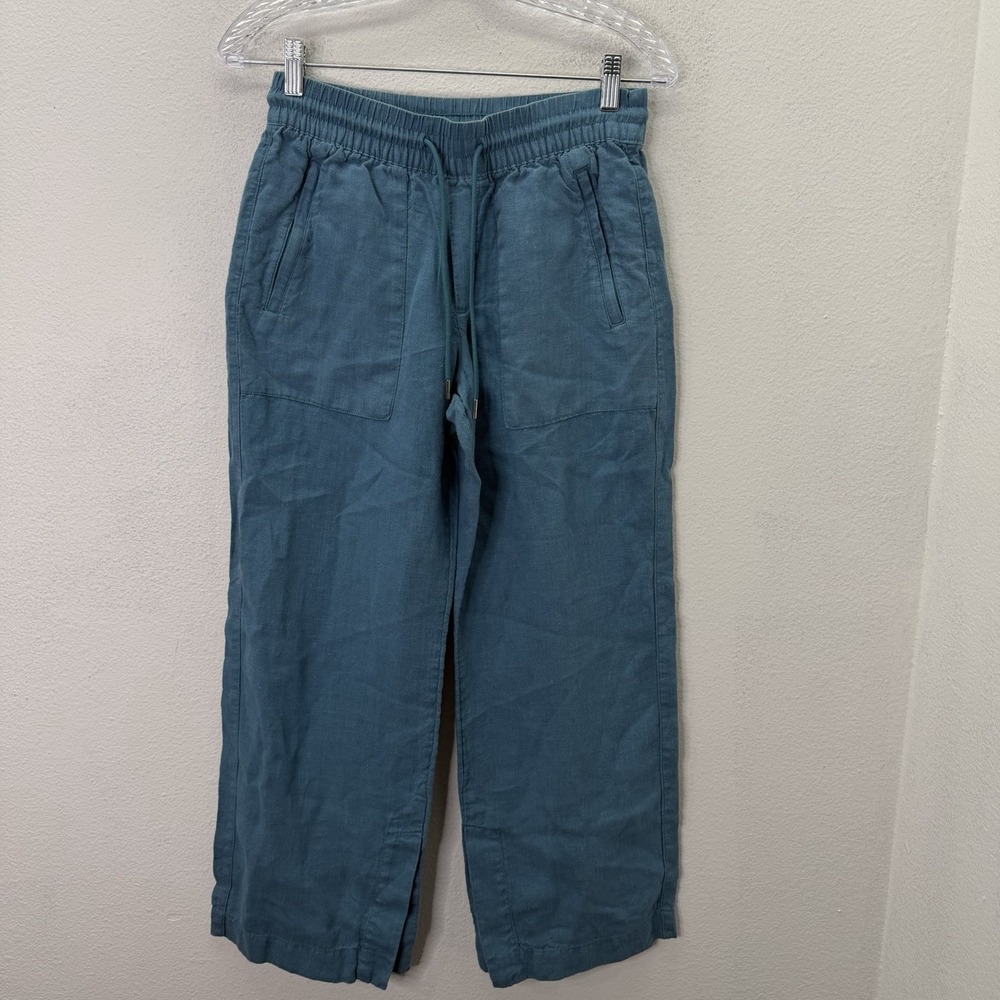 Athleta Women's SZ 0 P Retreat Linen Wide Leg Pants Teal 100% Linen Drawstring